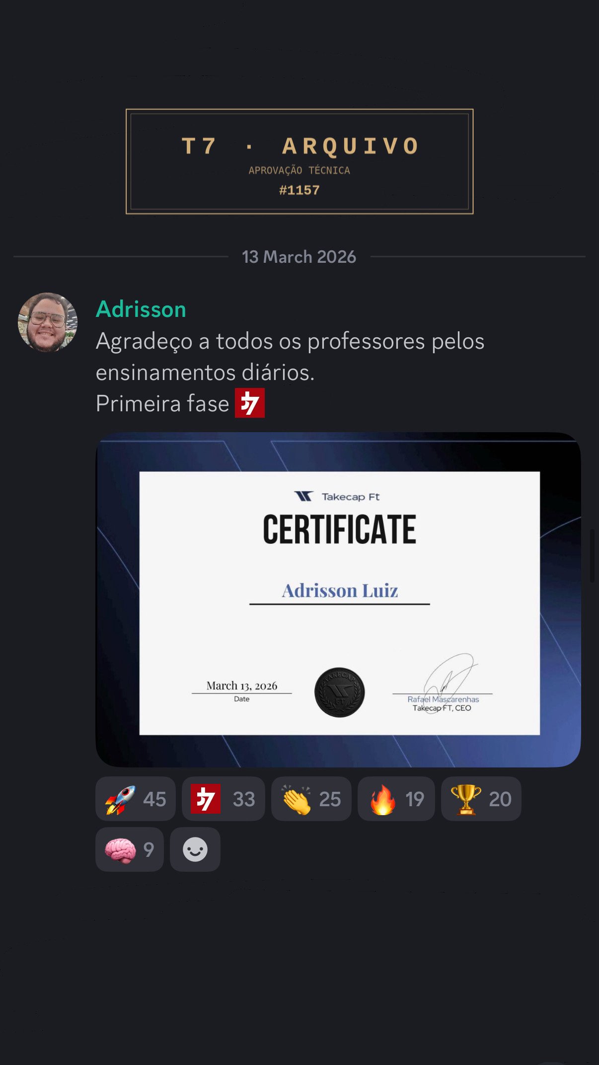 Aprovação documentada · operador da comunidade T7 · arquivo institucional